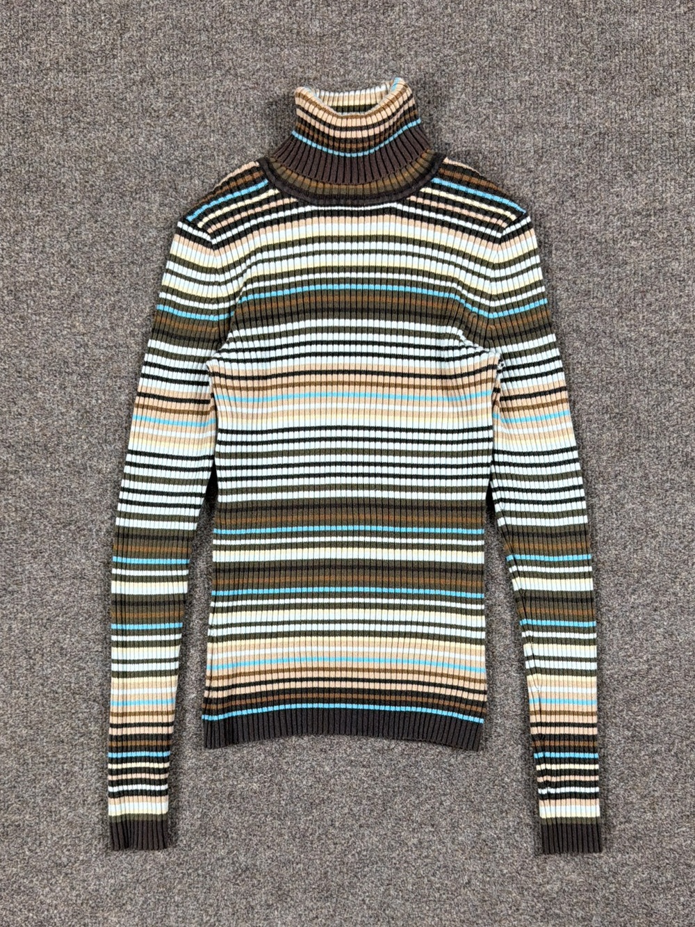 Vintage Gap Brown Blue Cream Striped Ribbed Fitted Turtleneck Sweater Women’s XS